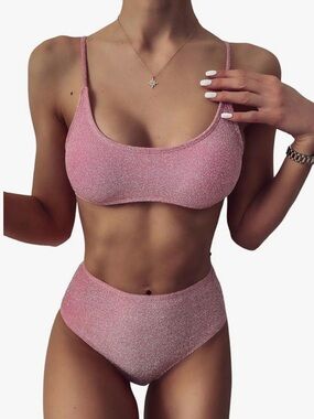Glitter Sequin High-Waist Pink Bikini Set